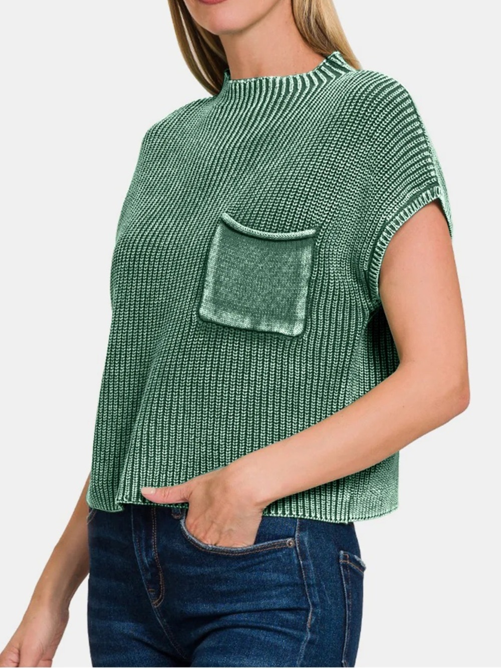 Zenana Washed Mock Neck Short Sleeve Green Sweater Size S/M